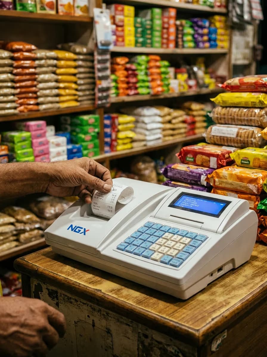 Grocery checkout counter with packaged products and barcode billing